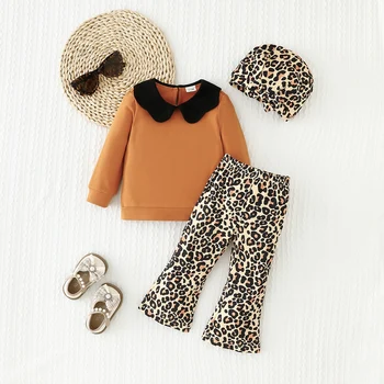 Girls Casual Doll Collar Long Sleeve Outfit with Leopard Print Flared Pants And Hat Three-Piece Set for Babies 1