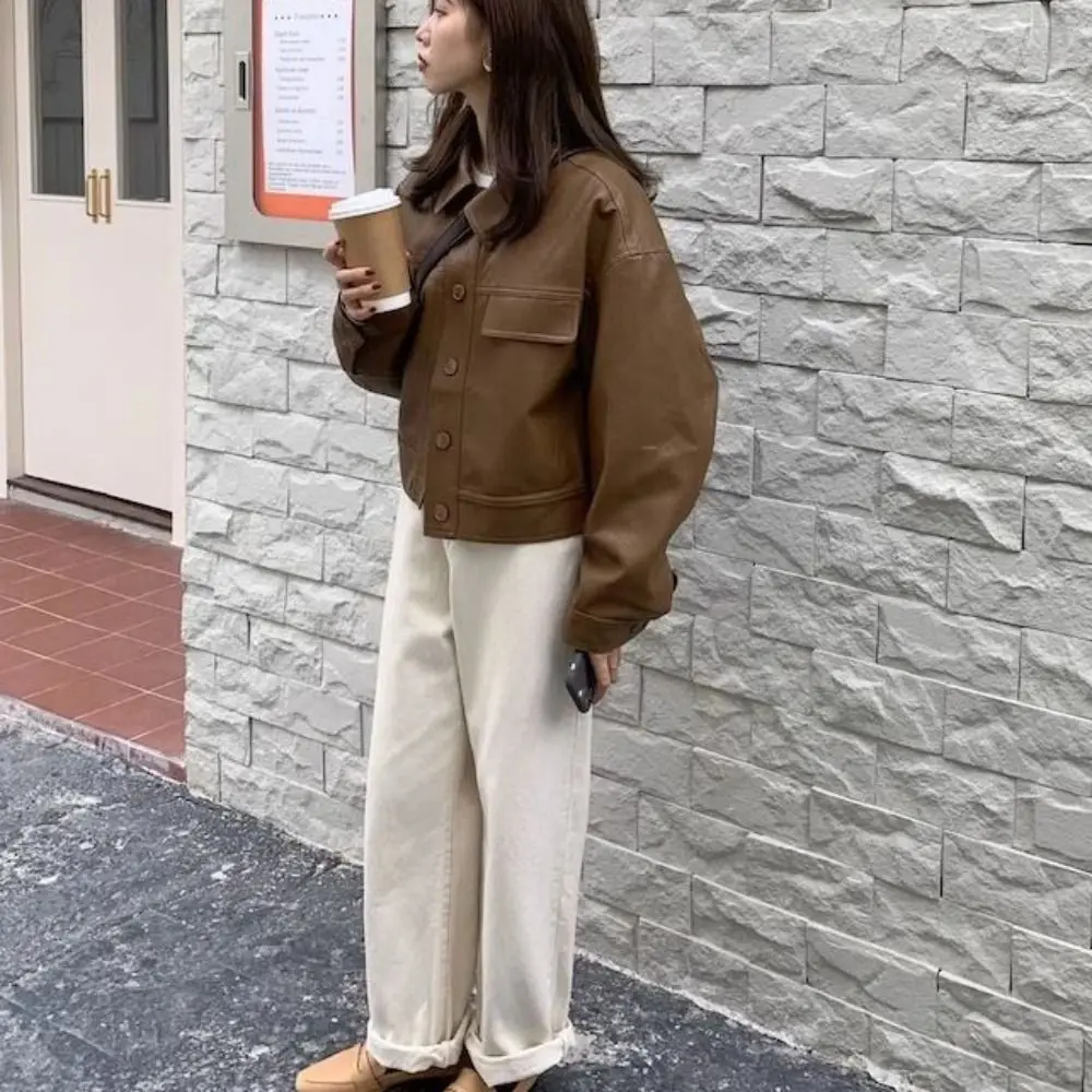 Classic Lapel Collar Leather Jacket Women Korean Chic Outerwear Zipper Overcoat Retro Windbreaker Jackets Holiday