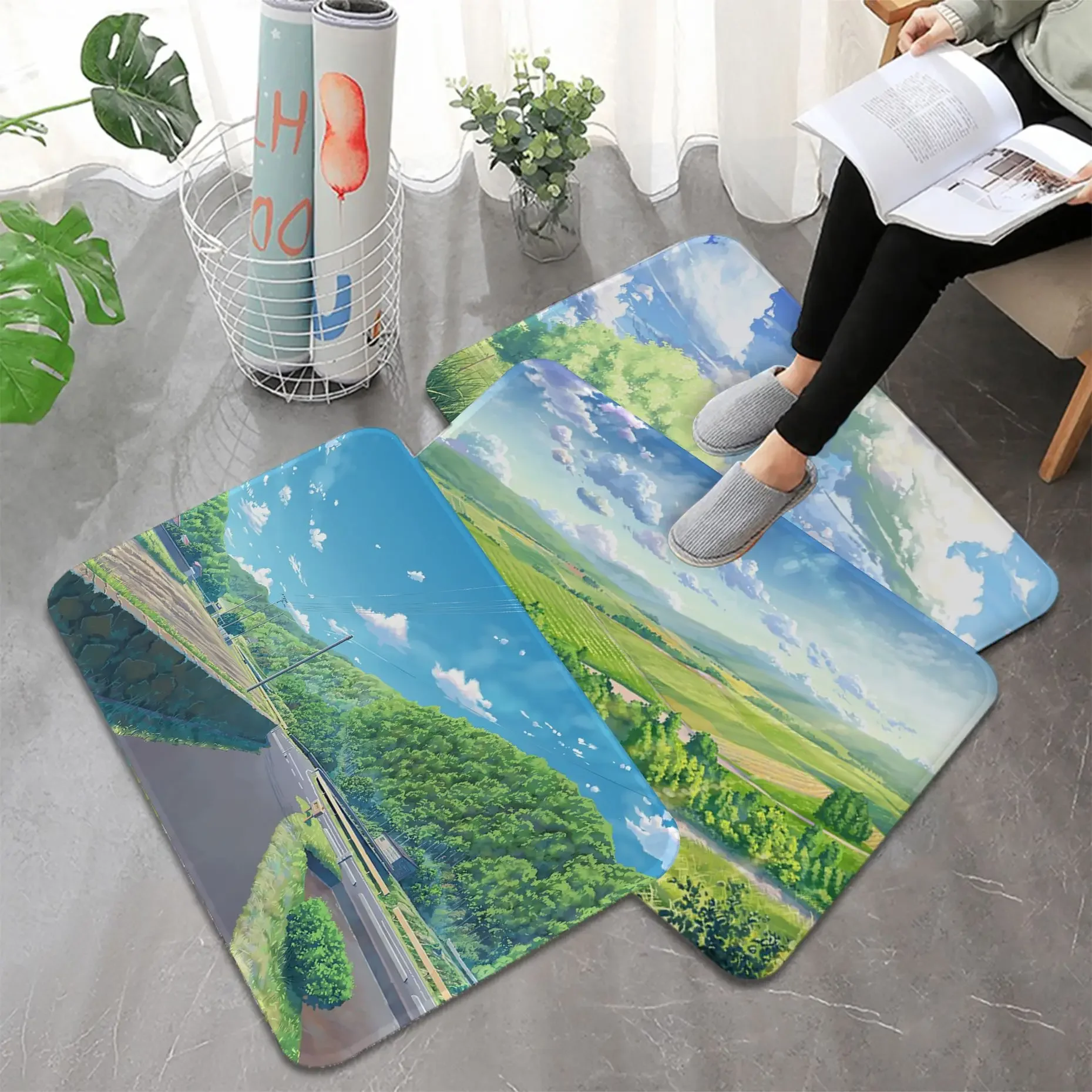 

anime landscape Printed Flannel Floor Mat Bathroom Decor Carpet Non-Slip For Living Room Kitchen welcome Doormat Entrance Rug