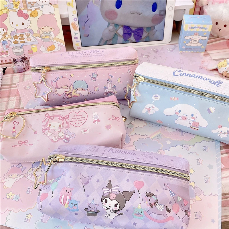 Japanese Sanrio Pencil Case Kuromi Cinnamoroll Double-layer Zipper Pencil Case Student Kids Cute Kawaii Storage Bag Organizer