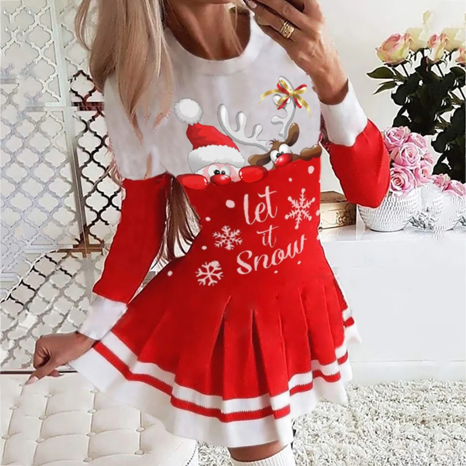 

Women Christmas Dress Santa Claus Eik Snowflake Print Long Sleeve Party Dresses Ladies Red Xmas Costume New Year Dress Vestidos