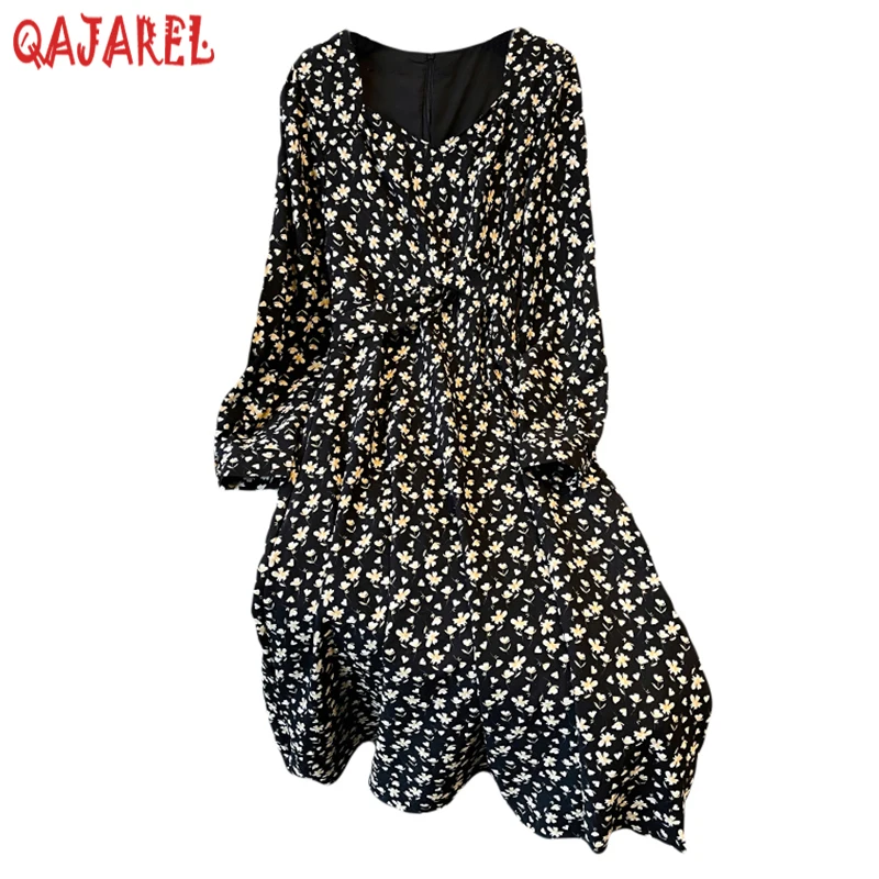 

Black Floral Long Sleeve Square Collar Long Dress for Women 2024 Korean Vintage Hepburn Dress Spring Boho Fashion Elegant Dress