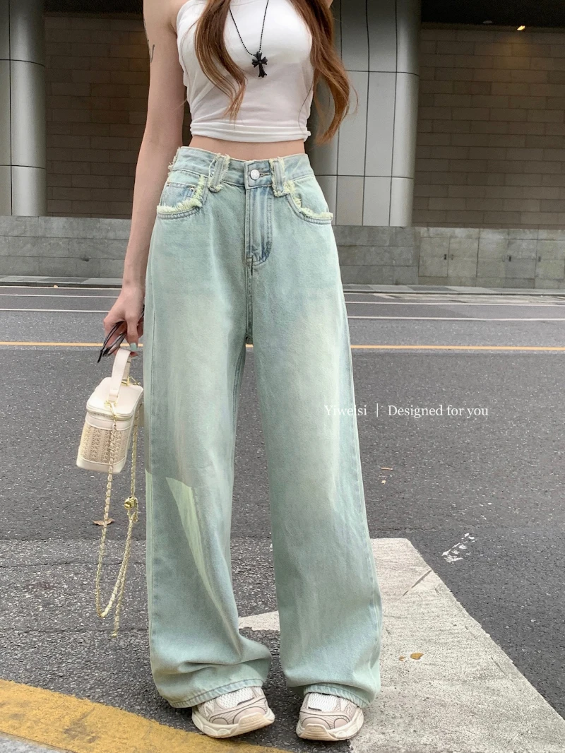 

Slergiri Raw Trim Pockets Washed blue Vintage Jeans Women Spring Summer High Waisted Loose Wide-leg Straight Denim Trousers