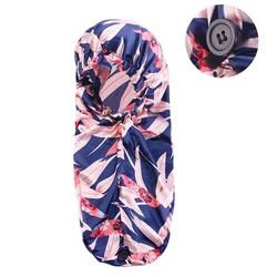 Women Satin Bonnet Elastic Band with Button Adjustable Print Long Hair Cap Hair Care Night Sleep Cap Headcover Wrap