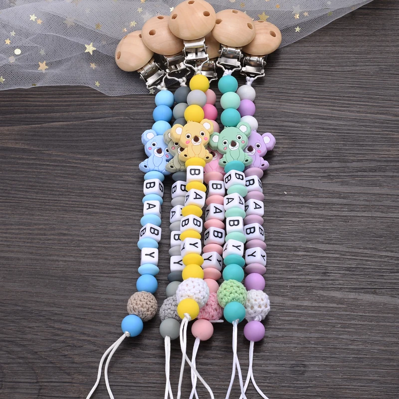 Baby Beech Teether Pacifier Clips Personalized Name Silicone Teether Geometric Crochet Beads Chain Pacifier Clips Nipple Clip 3