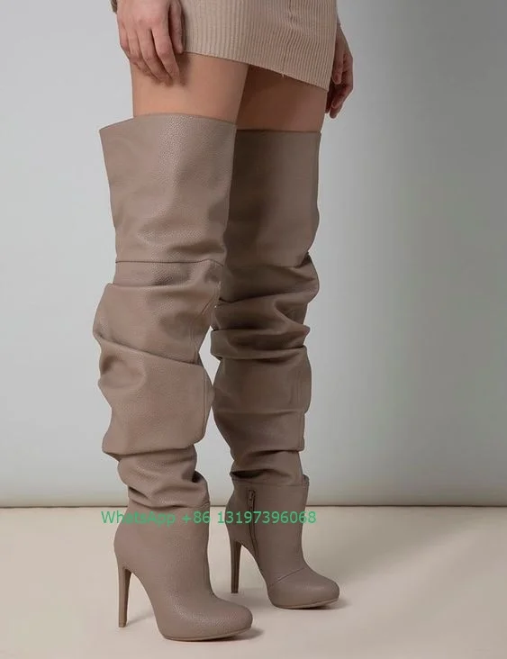 

Lady brown pleated design thigh boots platform pointed toe side zip sexy spring summer T show modal boots large size footwear
