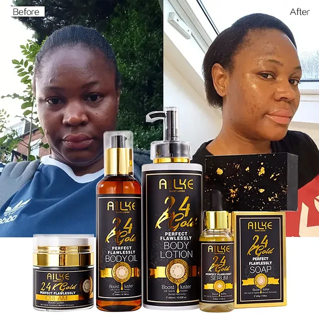 AILKE 24K Ensemble de blanchiment de la peau, éclaircissant, élimine les taches noires, la mélanine, les taches, même le teint, hydratant, pour tous les types de peau 1