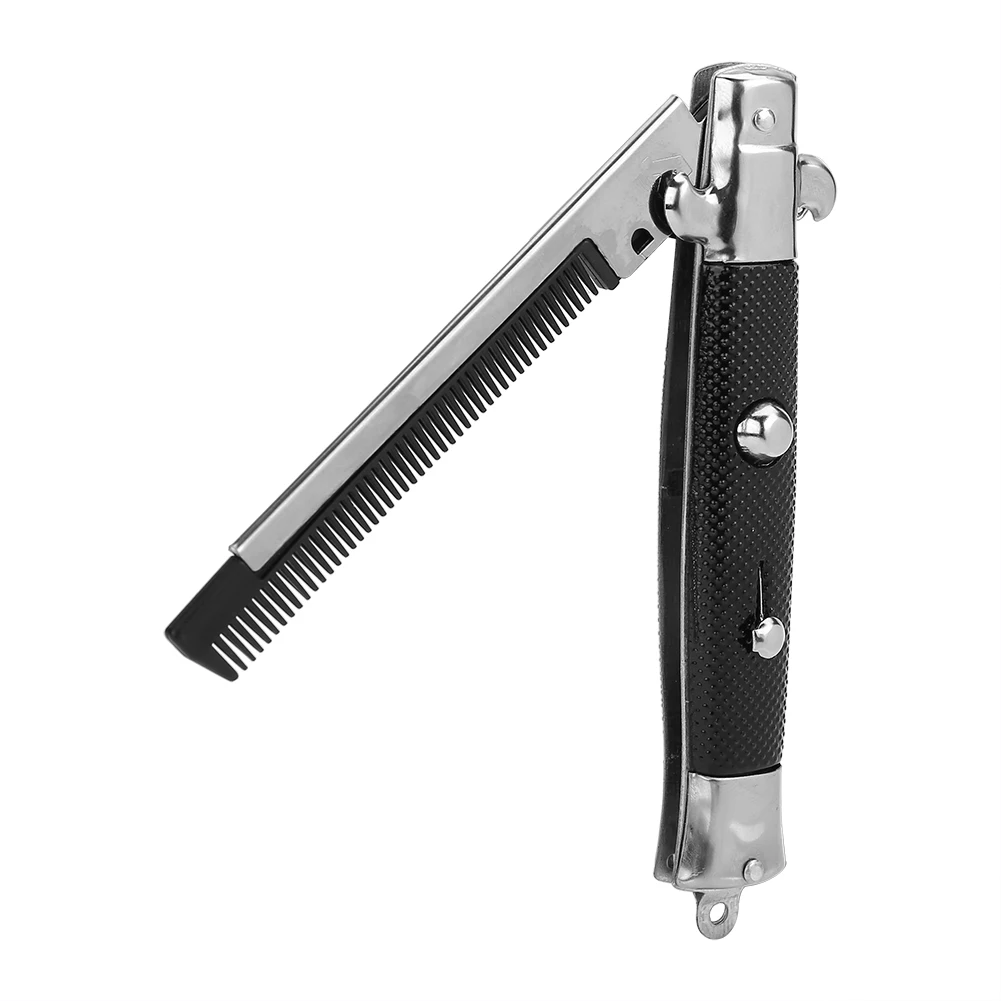 Switchblade-peine de pelo de aceite portátil con bolsillo de resorte, cuchillo plegable con aspecto automático, botón pulsador, cepillo, peine de barbero para hombre, estilismo