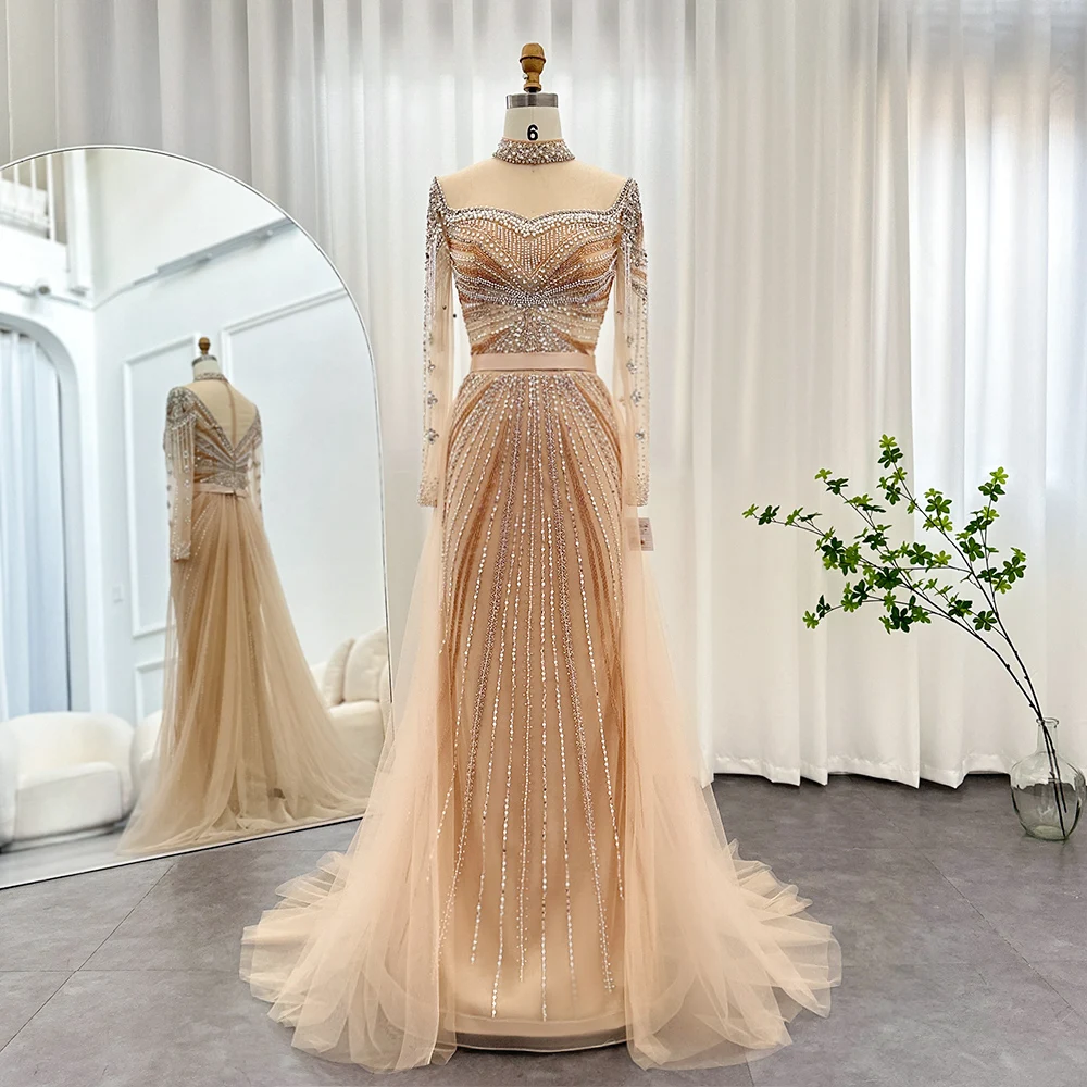 Sc7895e4a73be4681a7a59b16308c908fE Luxury Champagne Mermaid With Detachable Overskirt Dubai Evening Dress Arabic Women Wedding Party Formal Gowns Mallzona