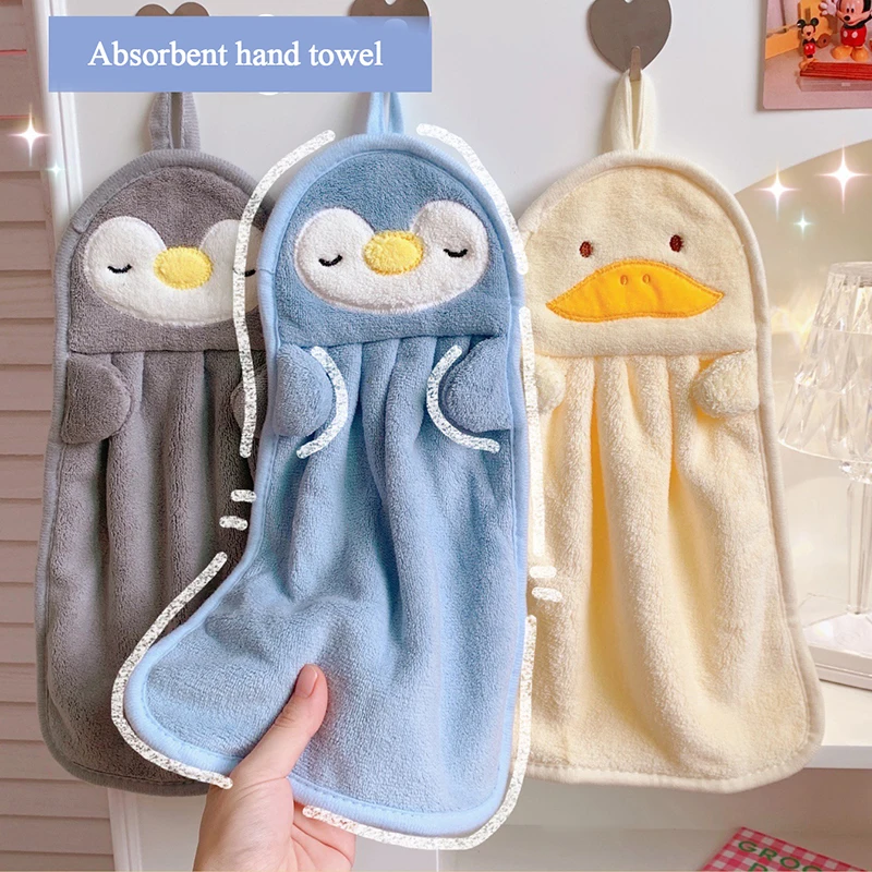 

Hanging Hand Towel Household Cute Penguin Cat Absorbent Kitchen Towel Lazy Rag Wipe Towel Solid Color Children's Hand Towel