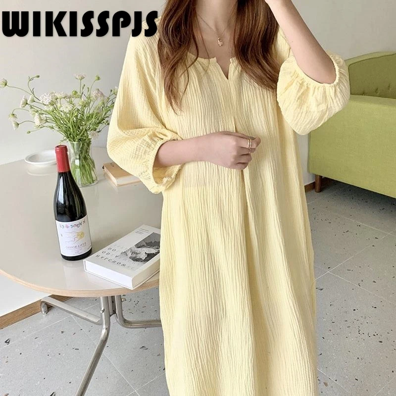 

WIKISSPJS 2022 Summer New Lazy Harajuku Style Cotton Loose Medium Sleeve V-neck Home Wear Nighties for Women Pink Nightgown
