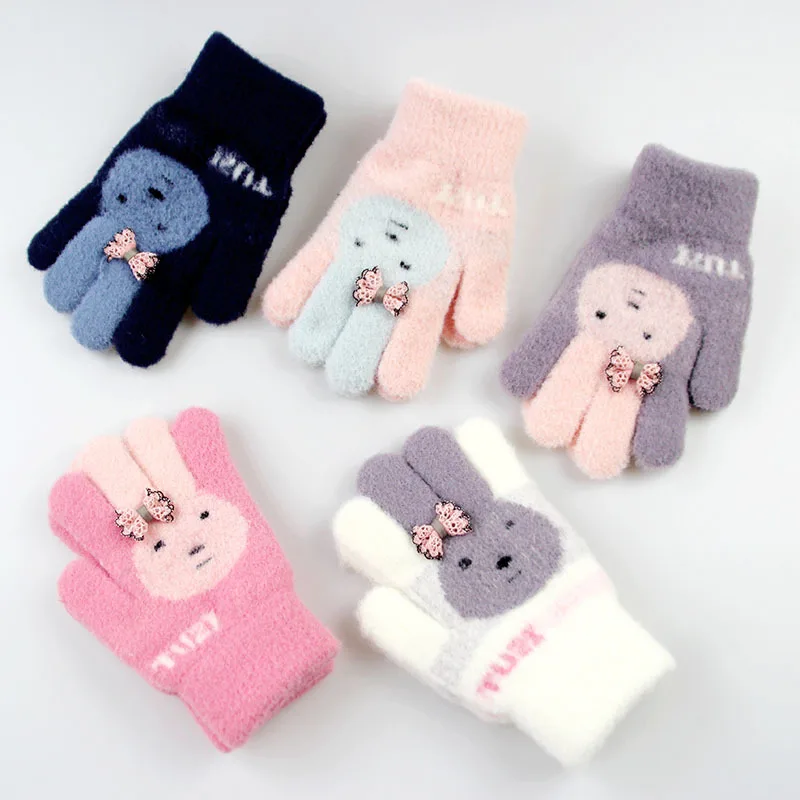 Children Five Finger Gloves Winter Boy Thickened Full Finger Mittens Girl Kid Knitted Mitten New Cartoon Cute Rabbit Warm Gloves