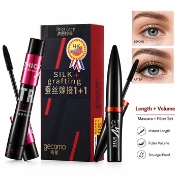 2-Step Mascara & Fiber Lash Extension Set, Lengthening Volumizing Waterproof Curling Mascara, Smudge-Proof Eye Makeup