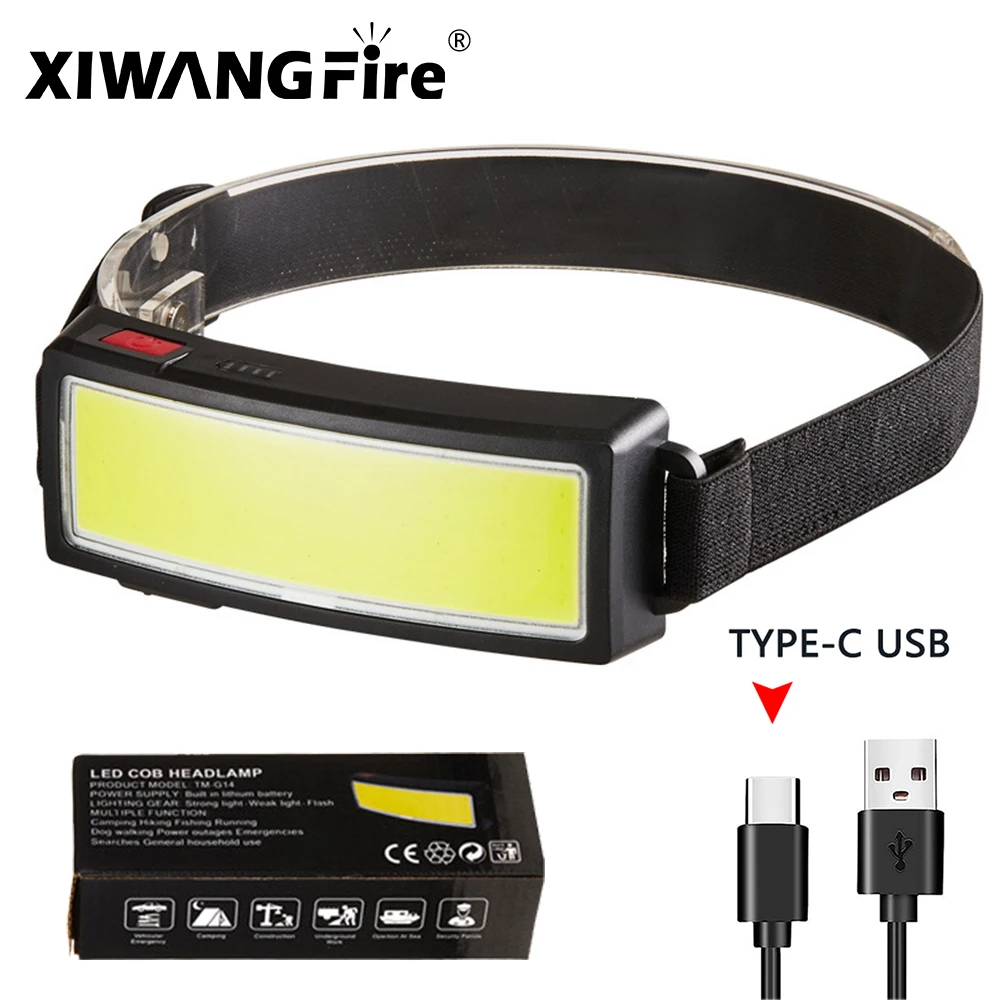 COB 투광 조명 헤드 램프, 야외 낚시 헤드라이트, USB 충전식 가정용 휴대용 LED 손전등, 내장 1200mah 배터리