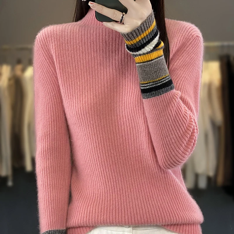 

Fall/Winter New 100% Merino Wool Sweater Women's Semi-high Neck Striped Cuff Striped National Knitted Pullover