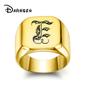DARHSEN Customized 26 Letter Stainless Steel Gold Color Suqare Big Men Rings Fashion Jewelry Size 6 7 8 9 10 11 12 13 14 15
