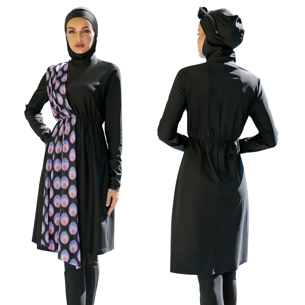 Muslim Women Long Swimwear Burkinis Islamic Full Cover Swimsuits 3 Pieces Print Patchwork Modest Swimming Bathing