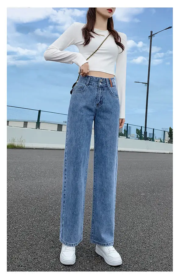 Casual Wide Leg Jeans Woman High Waist Denim Pants Trousers Pockets Baggy Y2K Loose Cute Korean Streetwear Blue Straight Jeans denim shorts