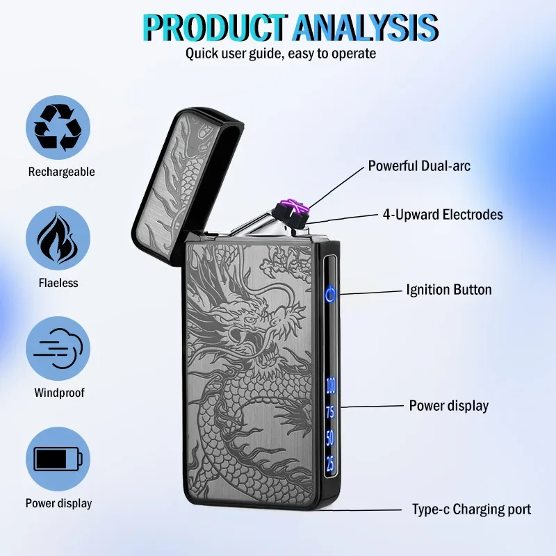 Golden Dragon Black Dragon Double Arc Plasma Windproof Flameless Lighter