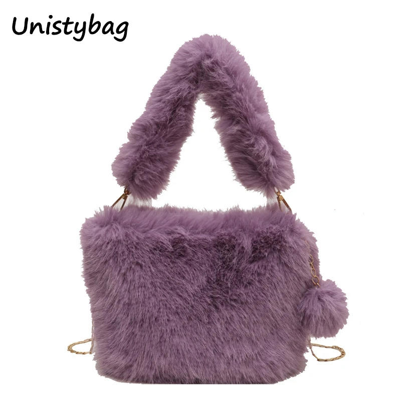 

Unistybag Furry Handbag Fashion Fluffy Top-Handle Bag Designer Crossbody Bags for Women Luxury Chain Satchel Bucket Tote Purse