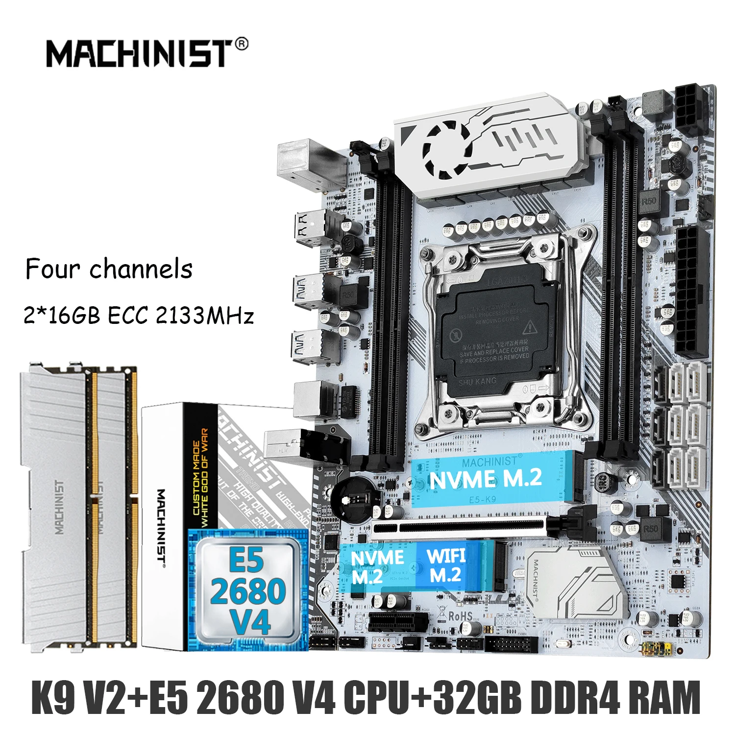 Machinist X99 Combo Scheda Madre Lga 2011-3 Xeon E5 2680 V4 Kit Processore Cpu Ddr4 32Gb 2133Mhz Ram Nvme M.2 Quattro Canali X99-K9