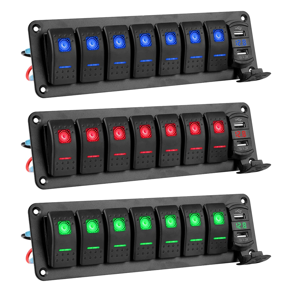 

Digital Voltmeter Dual USB Chargers Car Truck Bus Ship Marine Circuit Breaker 7 Gang Rocker Switch Panel DC 12V/24V