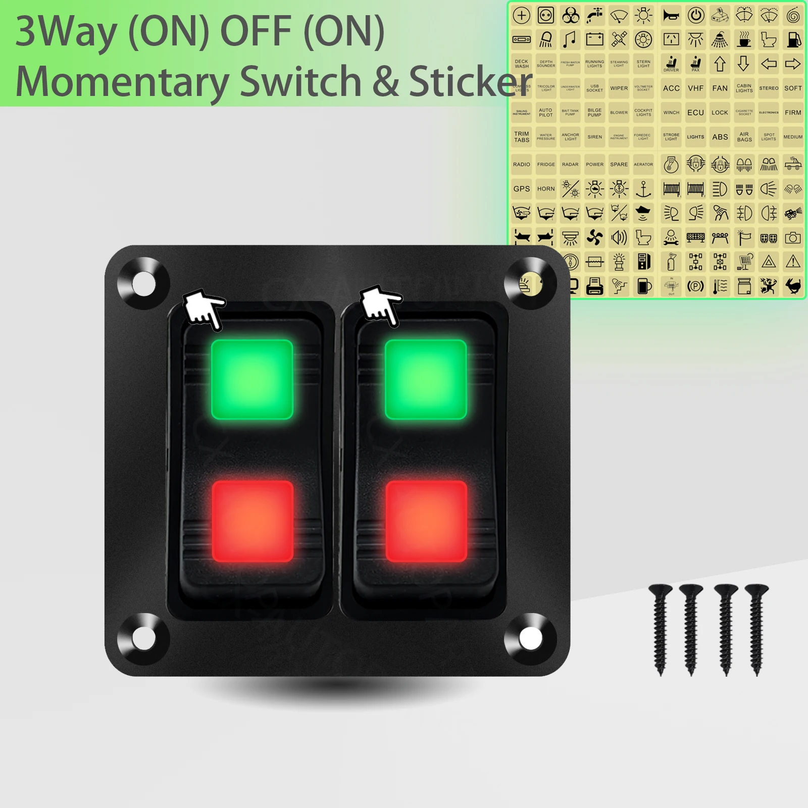 3 Position Rocker Switch Panel Green Red Light 2/3 Gang Momentary ...