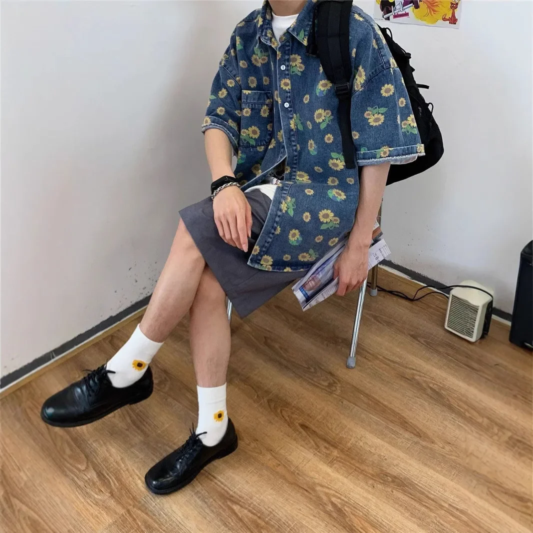 Retro Washed Denim Shirt Men's Summer Hong Kong Style Full Print Daisy Loose Short Sleeve Casual Top Trendy Loose Fit Shirt