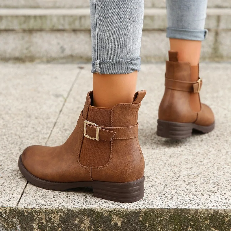 2023 Shoes Female Ankle PU Women's Boots Elegant Modern Boots Women Side Zip Belt Buckle Round Toe Chunky Heel Solid Shoes Women
