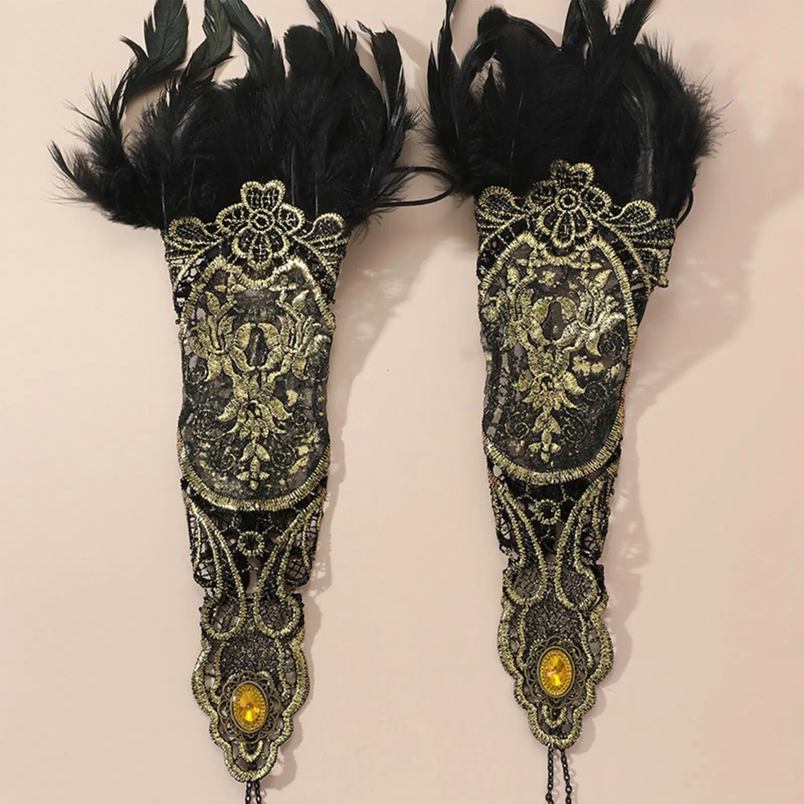 

Women's Black Lace Gloves with Feather Fingerless Gothic for Costume