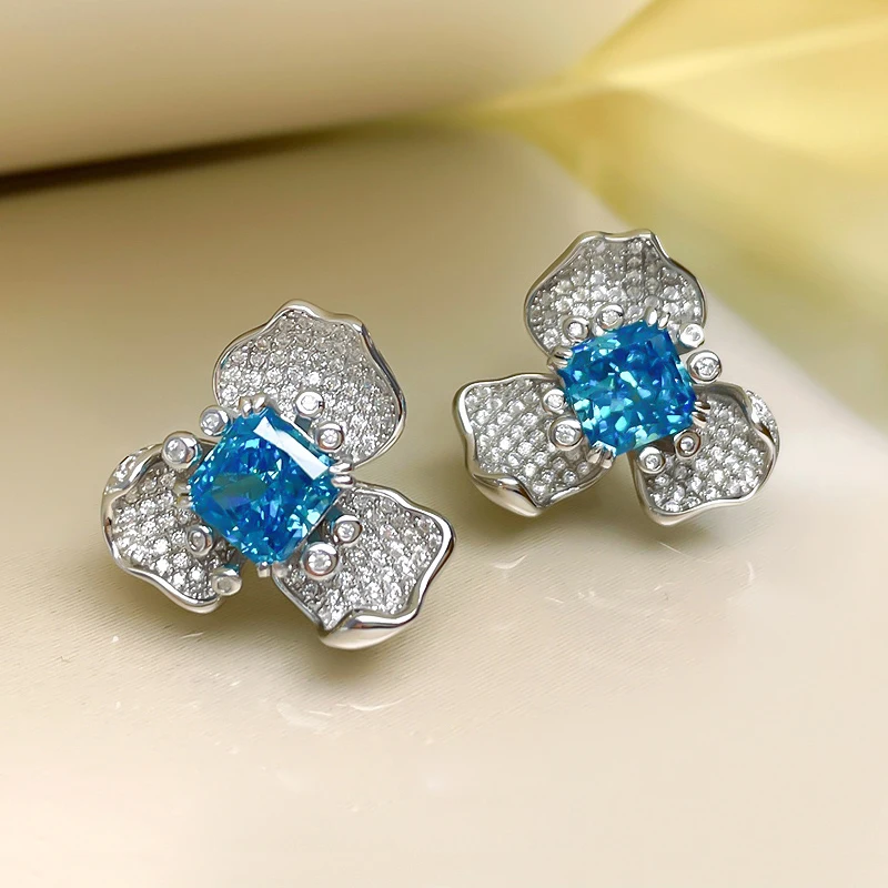 

New S925 Silver Earrings Aquamarine 7*7mm Luxurious Full Diamond and Flower Earrings Jewelry Accessories