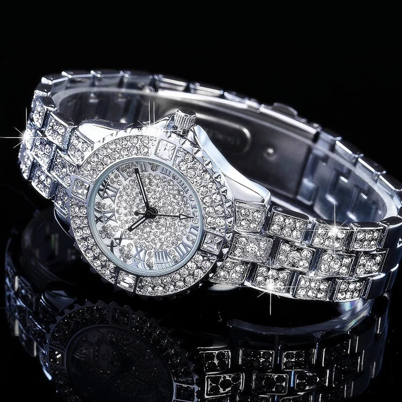

Fashion Women Luxury Shiny Diamond Watches Casual Clock Ladies Full Steel Bling Crystal Quartz Wristwatches Rose Gold Watch