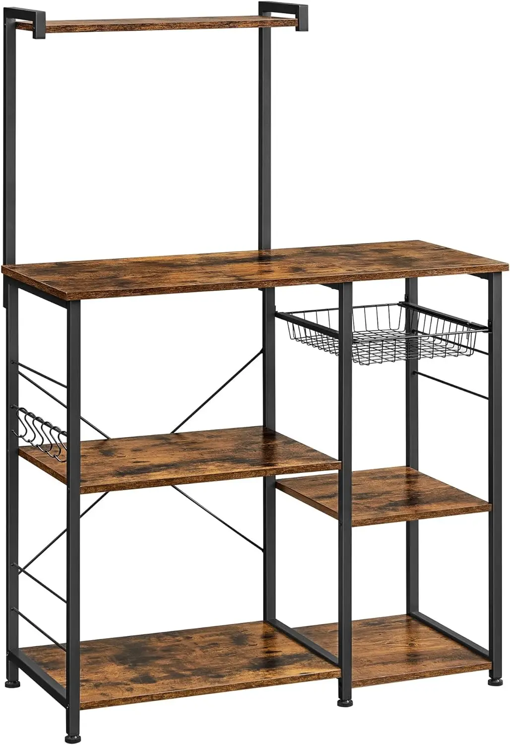 

Baker's Rack, Microwave Stand with Wire Basket, 6 Hooks, and Shelves, for Spices, Pots, and Pans
