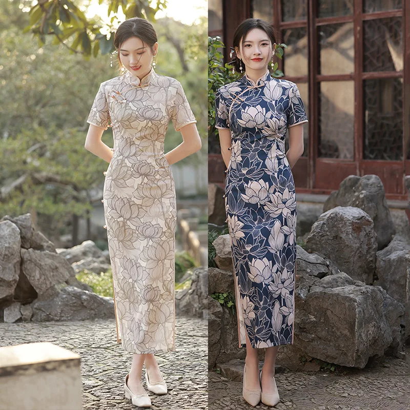 

Elegant Retro Lotus Printed Satin Women's Short Sleeve Qipao Cheongsam Chinese Daily Dress