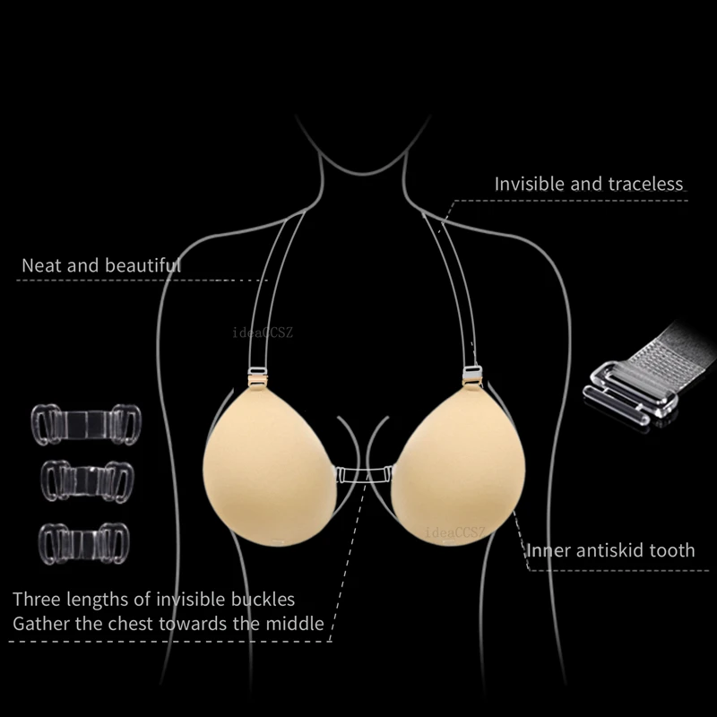 

Invisible Sticky Bra with Transparent Strap Plunge Backless Push Up Bralette for Women Wedding Underwear Sexy Adhesive Lingerie