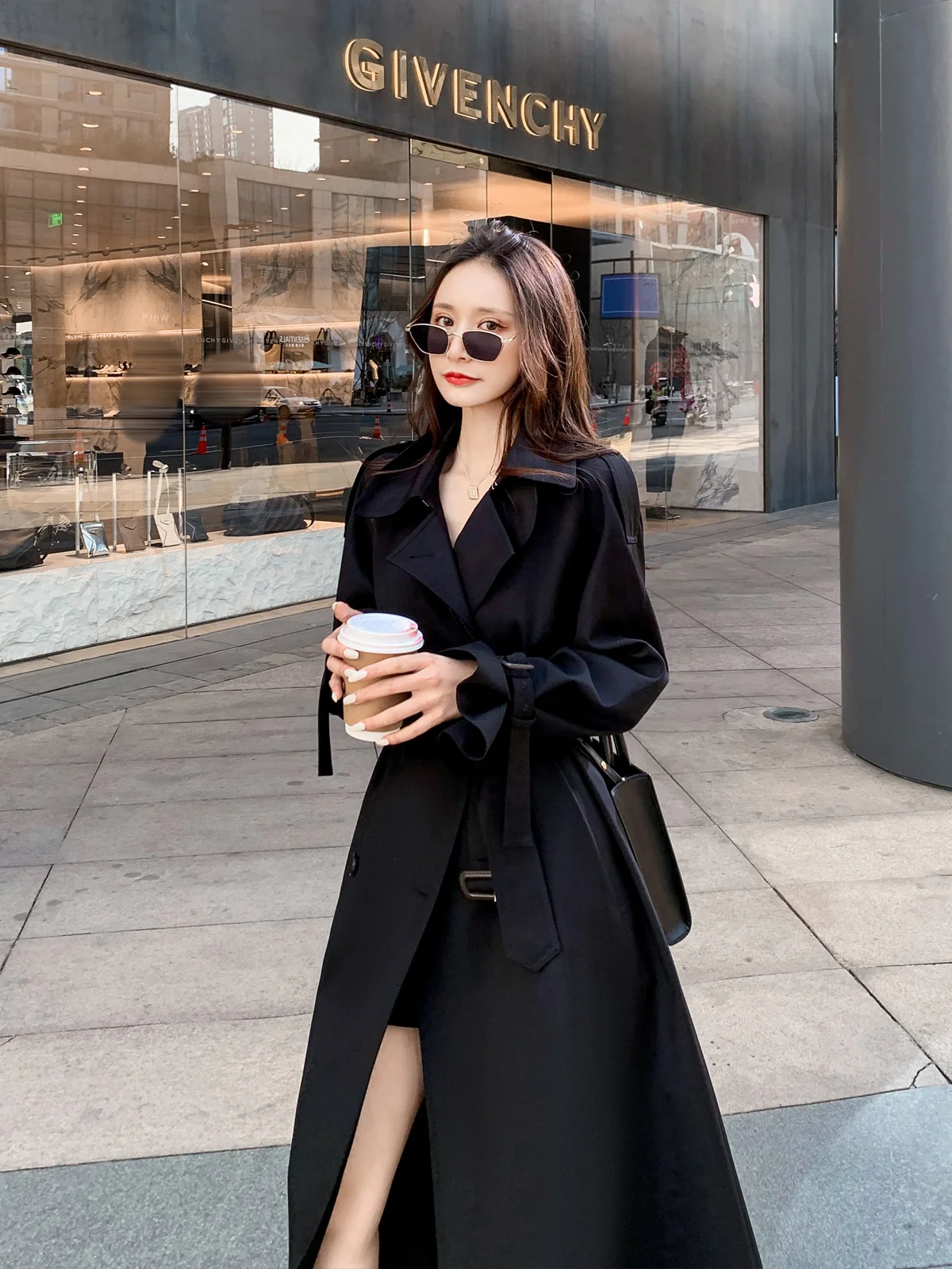 

Black trench coat Women's mid length knee length 2023 Spring and Autumn New Korean version loose fitting British style waistcoat