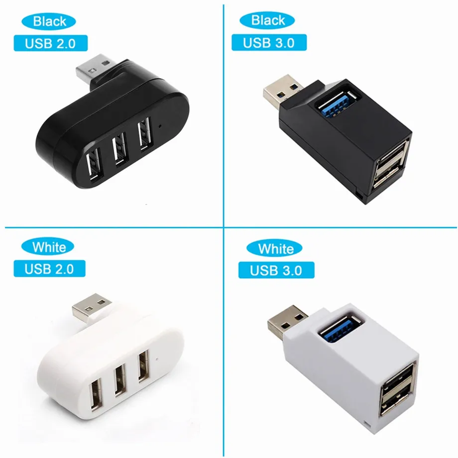 USB Hub 2.0 Adapter Rotate High Speed U Disk Reader Splitter 3 Ports USB 2.0 For