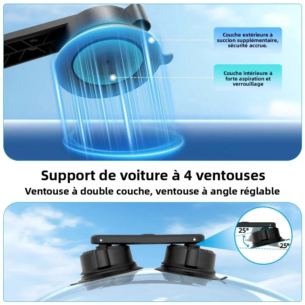 Gros plan sur la ventouse du support voiture pour caméra action, fixation solide et rotative sur surface vitrée.
