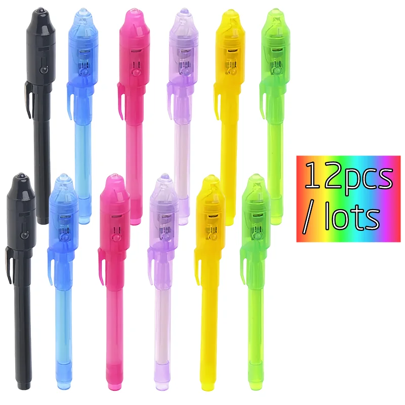 12pcs Luminous Light Pen Magic Purple 2 in 1 UV Black Light Combo Drawing Invisible Ink Pen Learning Education Toys for Child