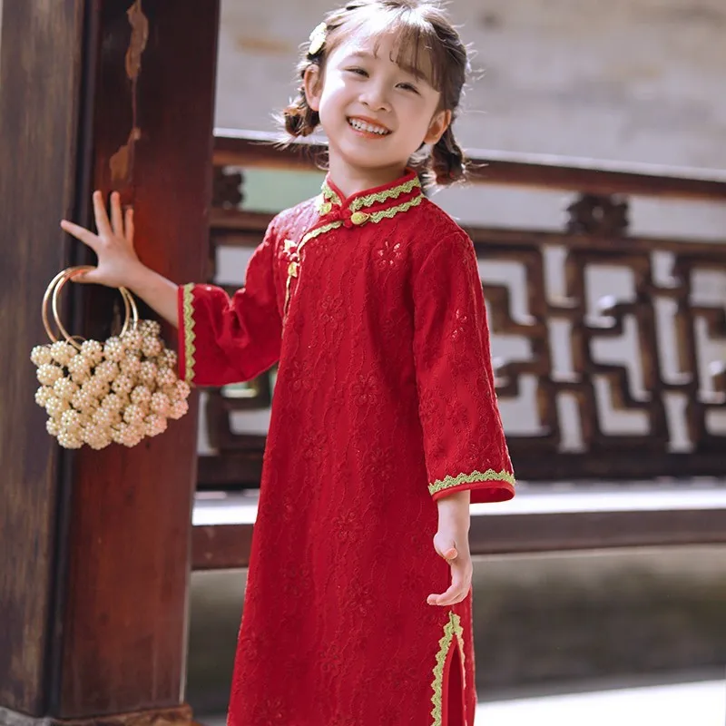 

Китайский Детский костюм Тан, платье для девочек, Красное Кружевное и кружевное Ципао, одинарная одежда с длинным рукавом для весны и осени