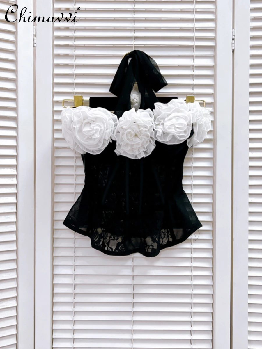 2024-summer-black-and-white-contrast-color-3d-big-flower-decoration-fishbone-mesh-sexy-corset-waist-french-strap-tube-top