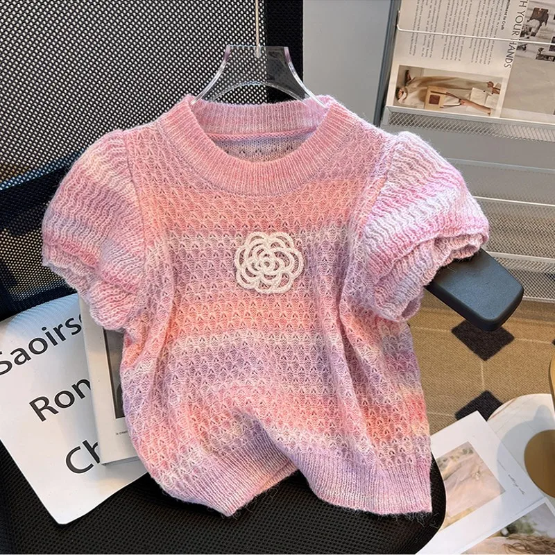 

2024 Summer Floral Multicolour Striped Sweater Women Knitted T-shirt Round Neck Short Sleeve Sweaters Knitwear Top Jumper