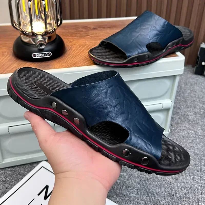 Summer Men Slippers Luxury Fashionable Street Style Flat Bottom Anti Slip Beach Casual Home Outdoor Fishing