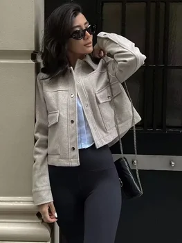 سترة منفوخة مقصوصة من HXAO للنساء سترات طيار ملابس خارجية معاطف من الصوف والخريف والشتاء سترة تويد 2