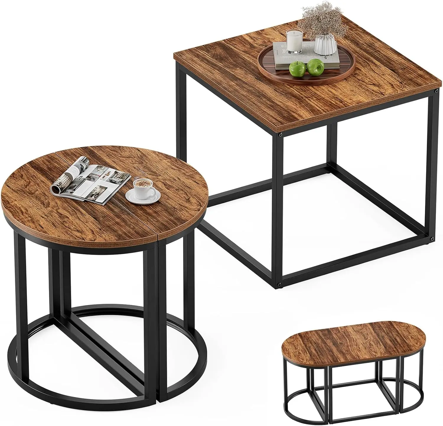 Coffee Table Oval 3pcs Set, Modern Living Room Table with 2 End Tables, Small Center Table with Metal Frame for Home Apartment 4