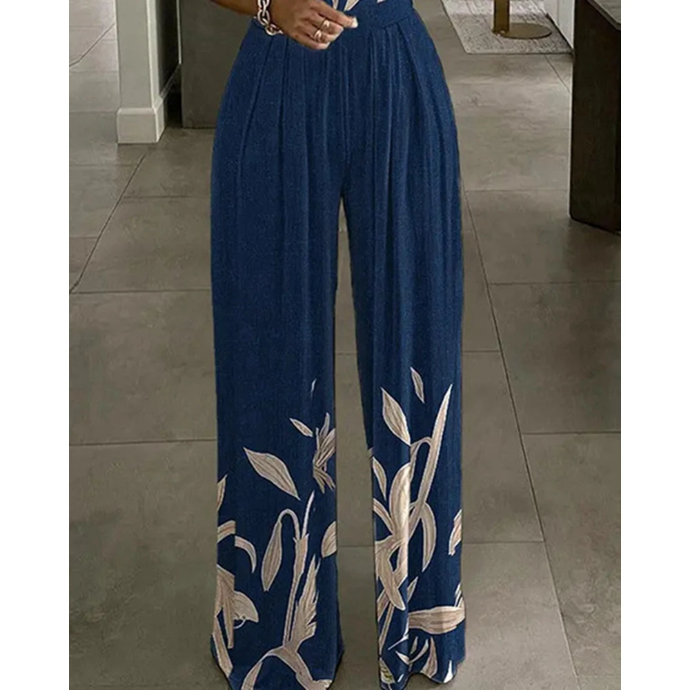 Summer Women Casual Short Sleeve V-neck Leaf Print Wide Leg Jumpsuits Femme Elegant Off Shoulder Slim Fit Office Lady Party Gown