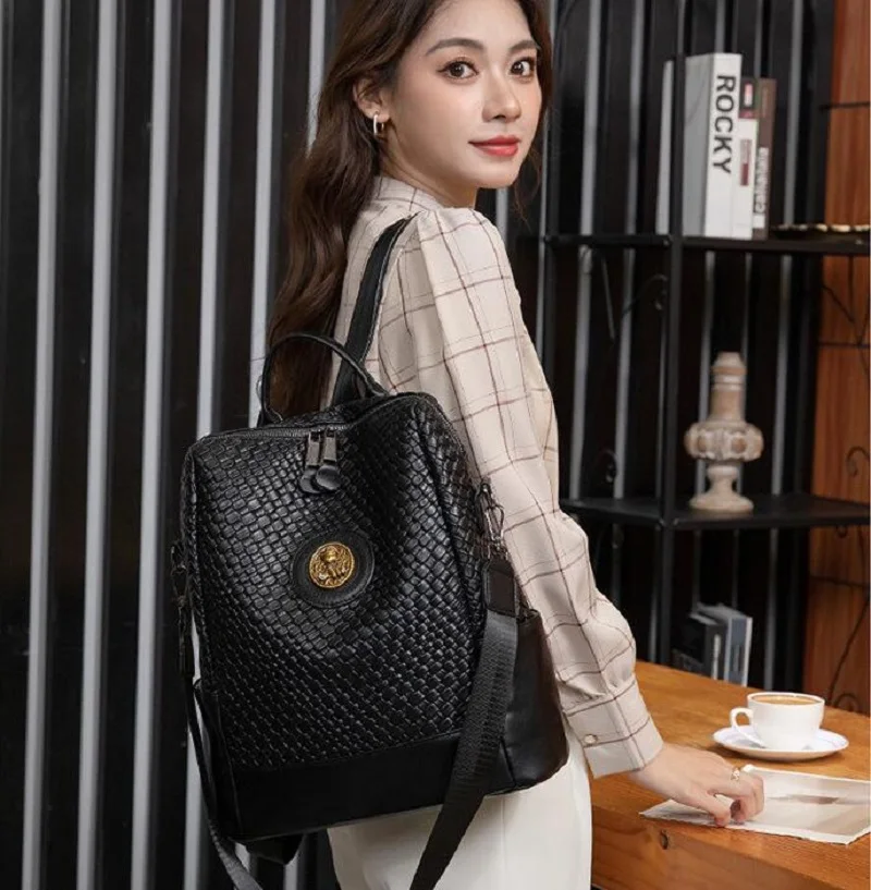New Fashion High Quality Woven Soft Leather Backpack Women Large Capacity Travel Shoulder Bags School Bag Leisure Backpacks 6