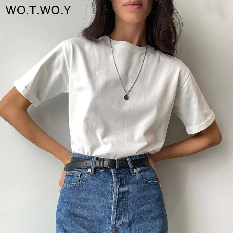 WOTWOY 100% Cotton Smmer T Shirt Women Casal Oversized T-shirt Female Loose Fit Basic Black White Tops Tee Shirt623_voghion.com