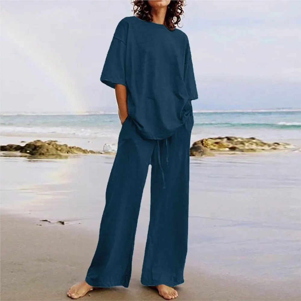 Summer Loose Vintage Solid Half Sleeve Tshirt Drawstring Wide Leg Pant Sets 2 Pieces Suit Y2k Women Outfits New In Matching Sets