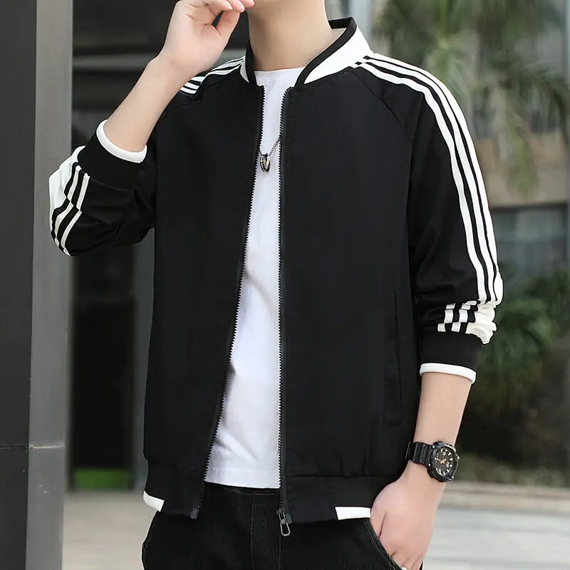 Men's 2024 Spring and Autumn Stand Up Collar Spliced Zipper Pocket Stripes Fashion Solid Color Loose Versatile Long Sleeved Coat